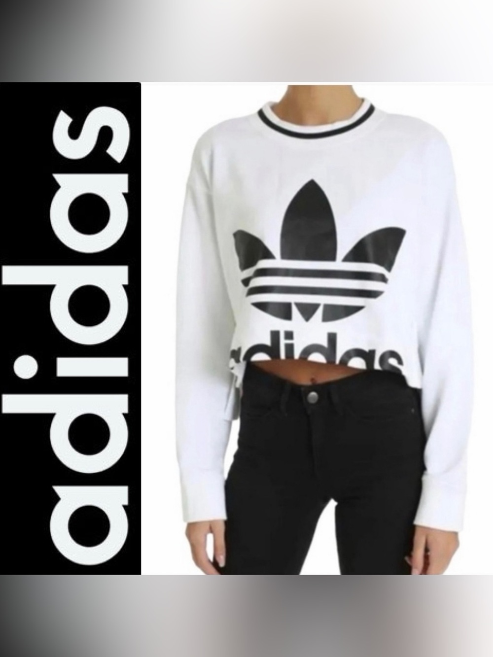 { Adidas } Cropped Trefoil Logo Crewneck Sweatshirt in Black/White